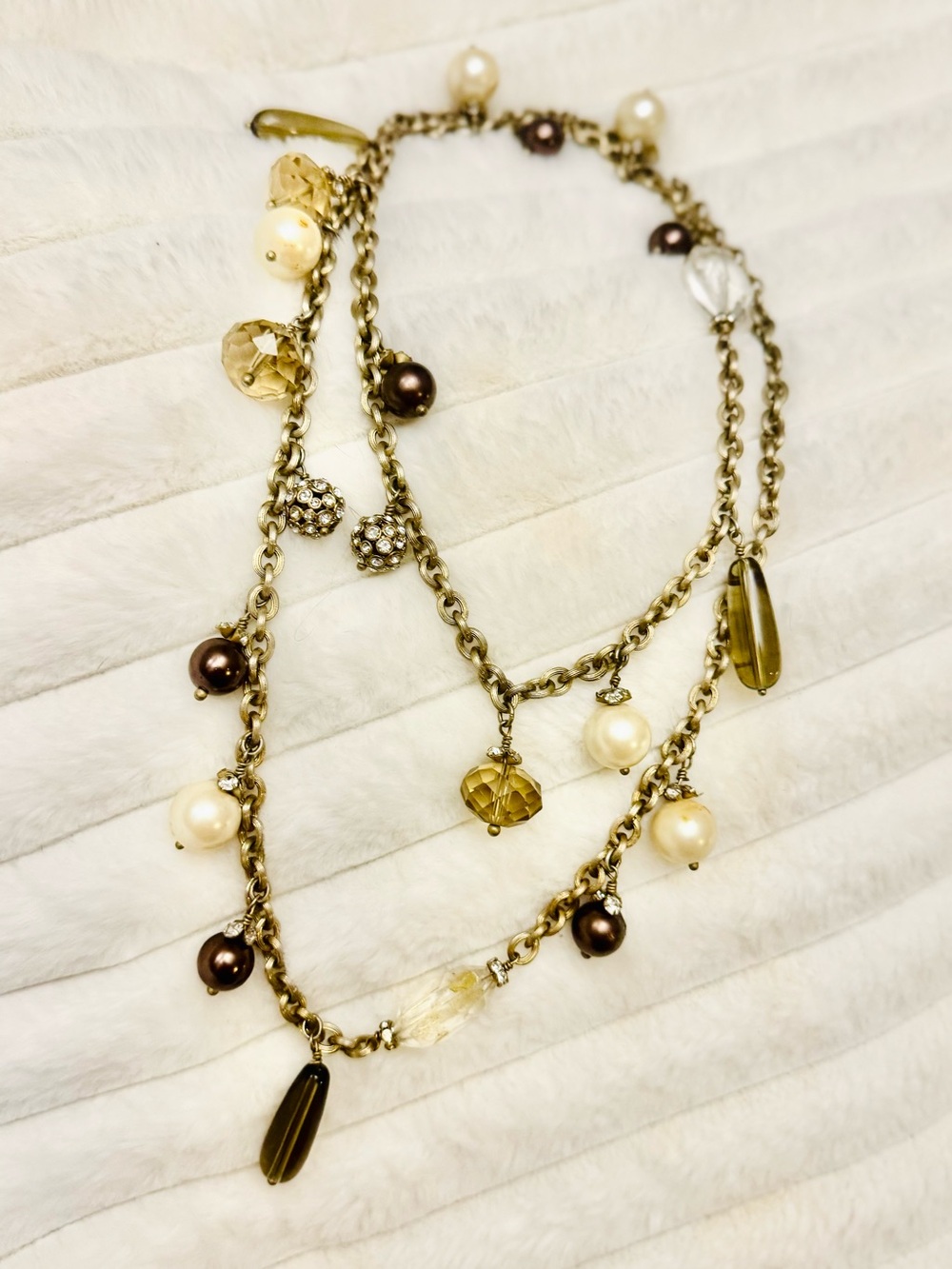 Y2K Stella & Dot Gold-Tone Layered Necklace with Cream Brown Beads